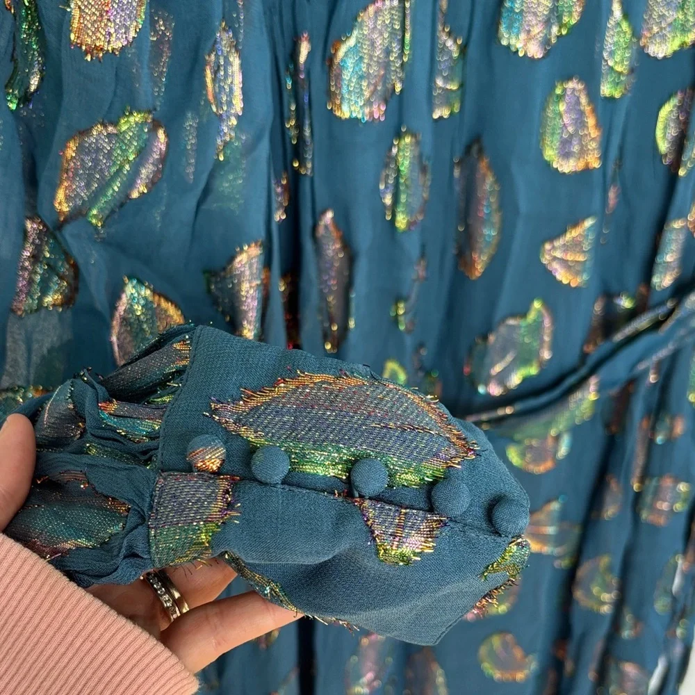 Ciebon Metallic Leaf Belted Teal Long Sleeve Maxi Dress sz S